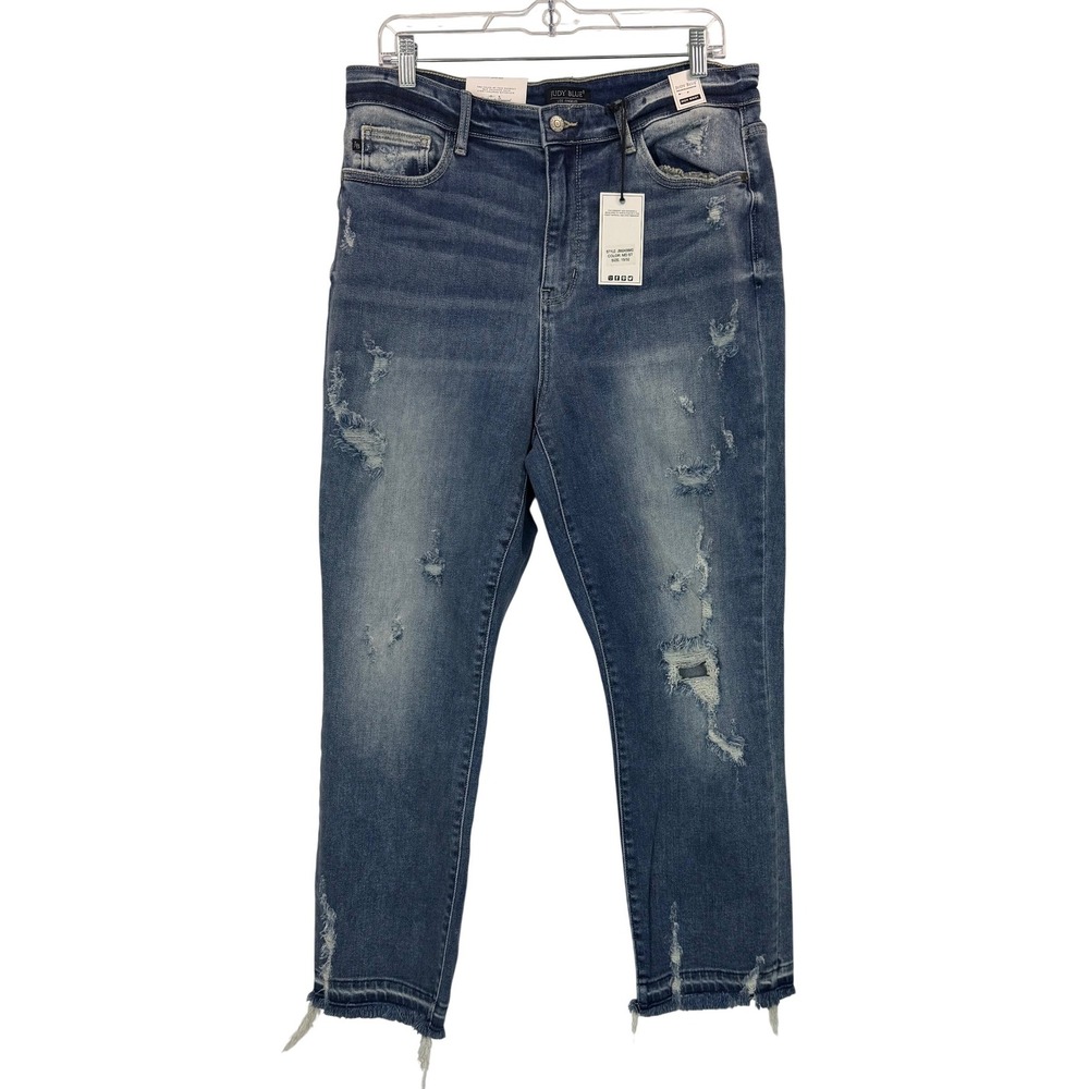 Judy Blue Plot Twist Mid-Rise Distressed Straight Jeans Raw Hem Stretch Sz 15/32